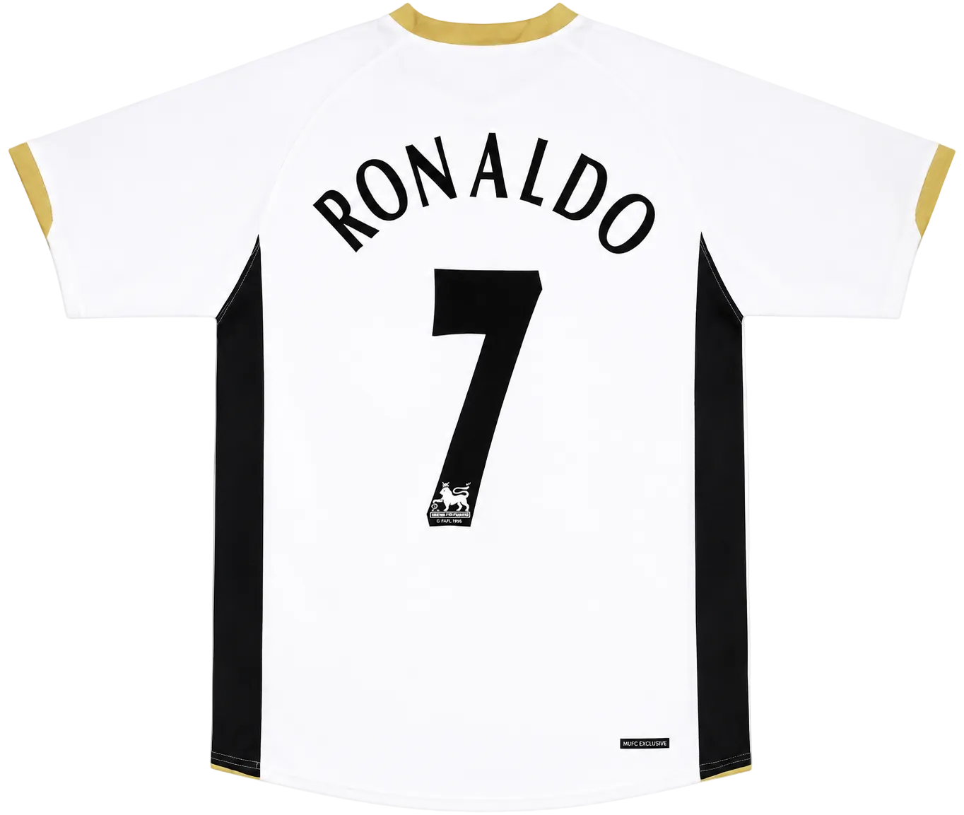 White back view of a soccer jersey with 'RONALDO' and the number '7' in black, featuring black side panels and gold trim on the collar and sleeve cuffs.