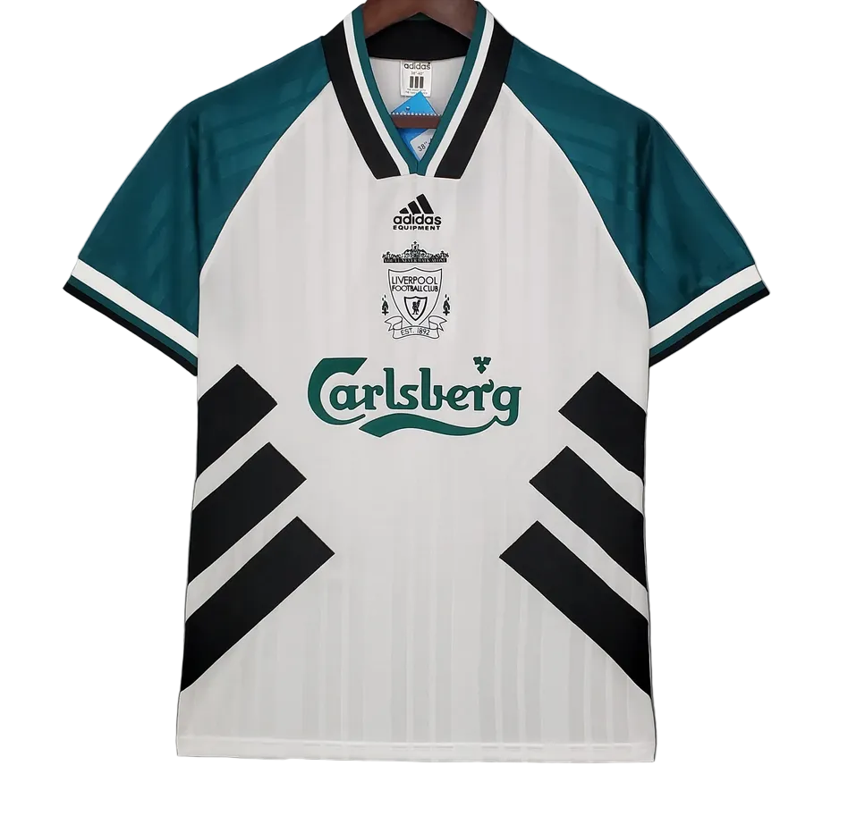 White sports jersey with green and black accents, featuring Adidas and Carlsberg logos on a gray background.
