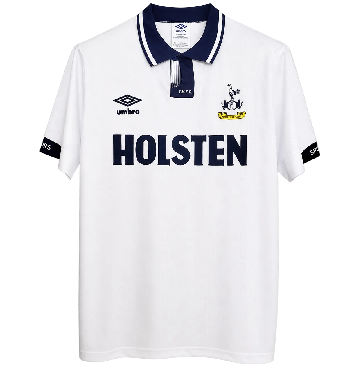 White polo shirt with black text and logos on a white background