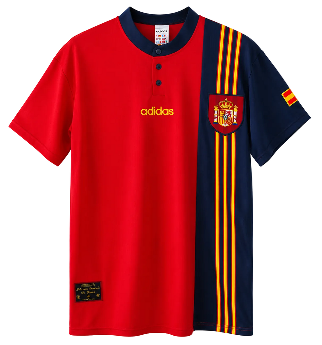 Red and navy blue Adidas Spain soccer jersey with yellow stripes and the Spanish national team crest on the chest.