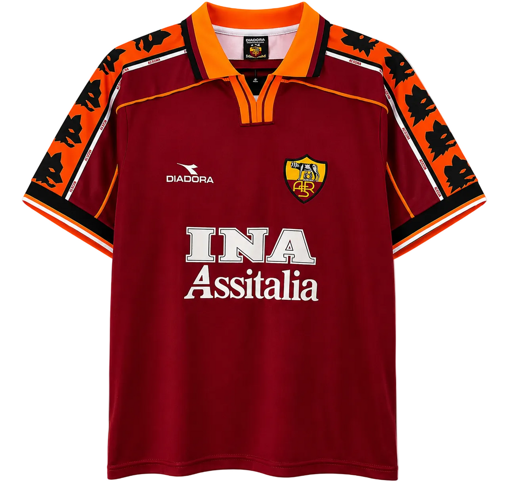 Red sports jersey with orange and black accents, featuring a logo and text on a white background