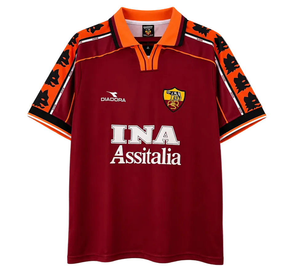 Maroon sports jersey with orange and black accents on a gray background