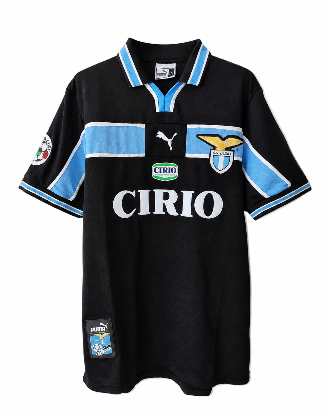 Black sports jersey with blue accents and visible branding on a white background