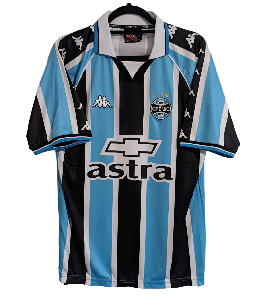 Black, blue, and white striped sports jersey with visible branding on a white background