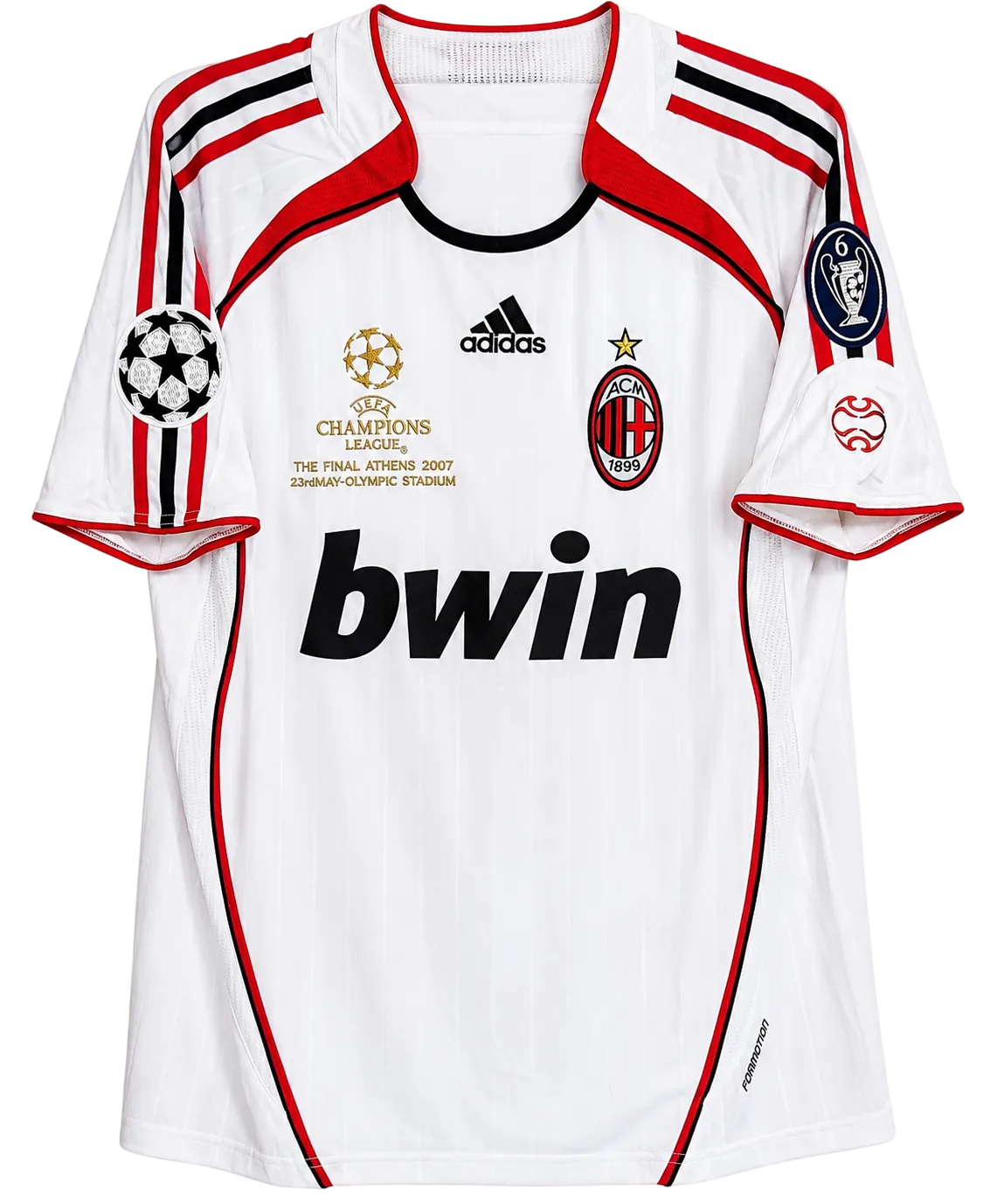 White sports jersey with red and black accents, featuring Adidas, UEFA Champions League, and bwin logos on a white background.