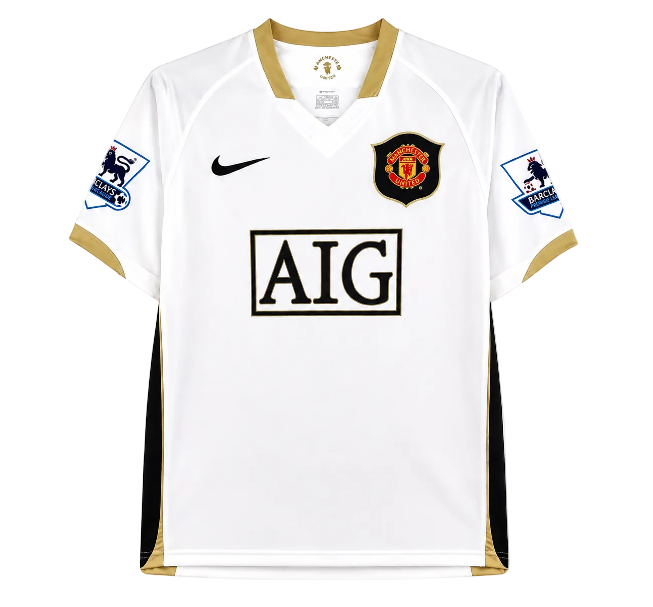 A white Nike Manchester United home soccer jersey from the 2003-2004 season, featuring gold trim on the collar and sleeve cuffs, black side panels, the Manchester United crest on the chest, a black Nike swoosh, and a large black AIG sponsor logo in the center.