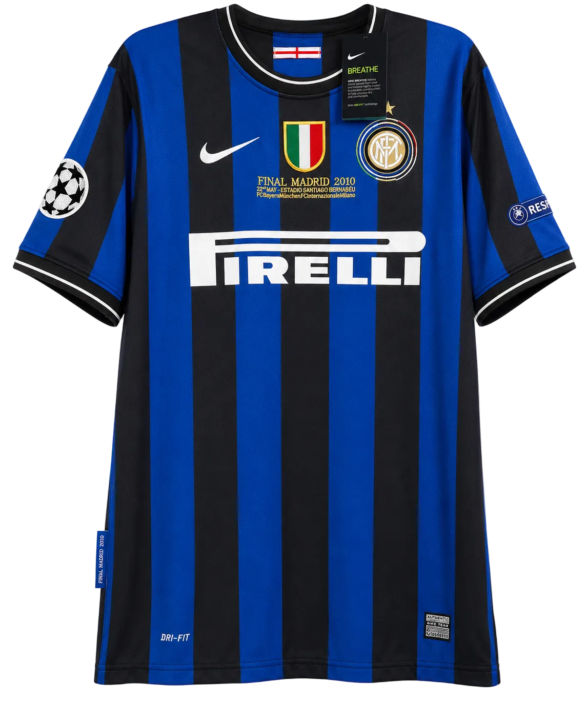Blue and black striped soccer jersey with Nike and Pirelli logos on a white background