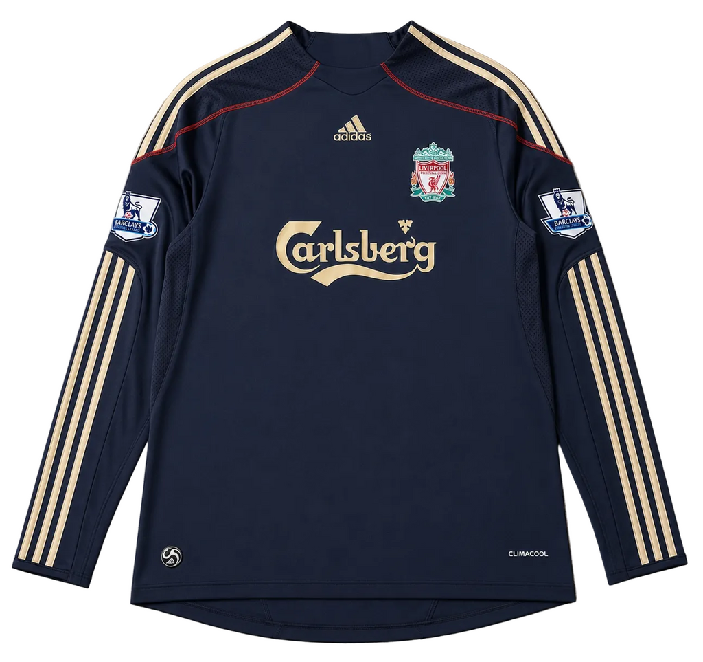 A navy blue long-sleeve Adidas football jersey with gold stripes on the sleeves, featuring the Carlsberg sponsor logo and the Liverpool club crest on the chest.