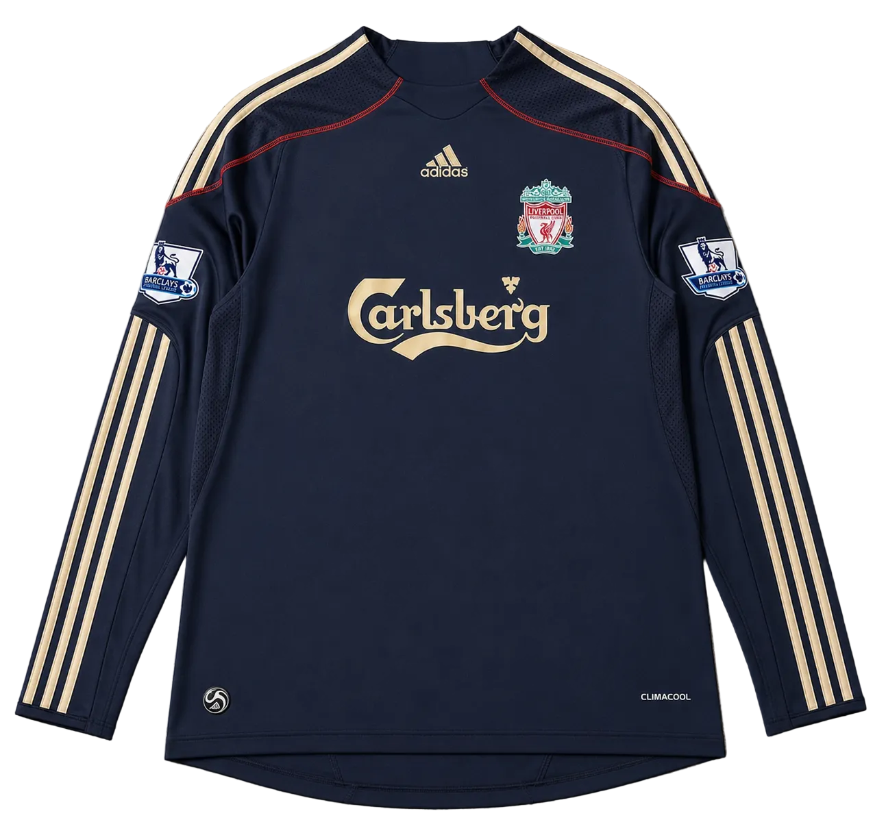 A navy blue long-sleeve Adidas football jersey with gold stripes on the sleeves, featuring the Carlsberg sponsor logo and the Liverpool club crest on the chest.