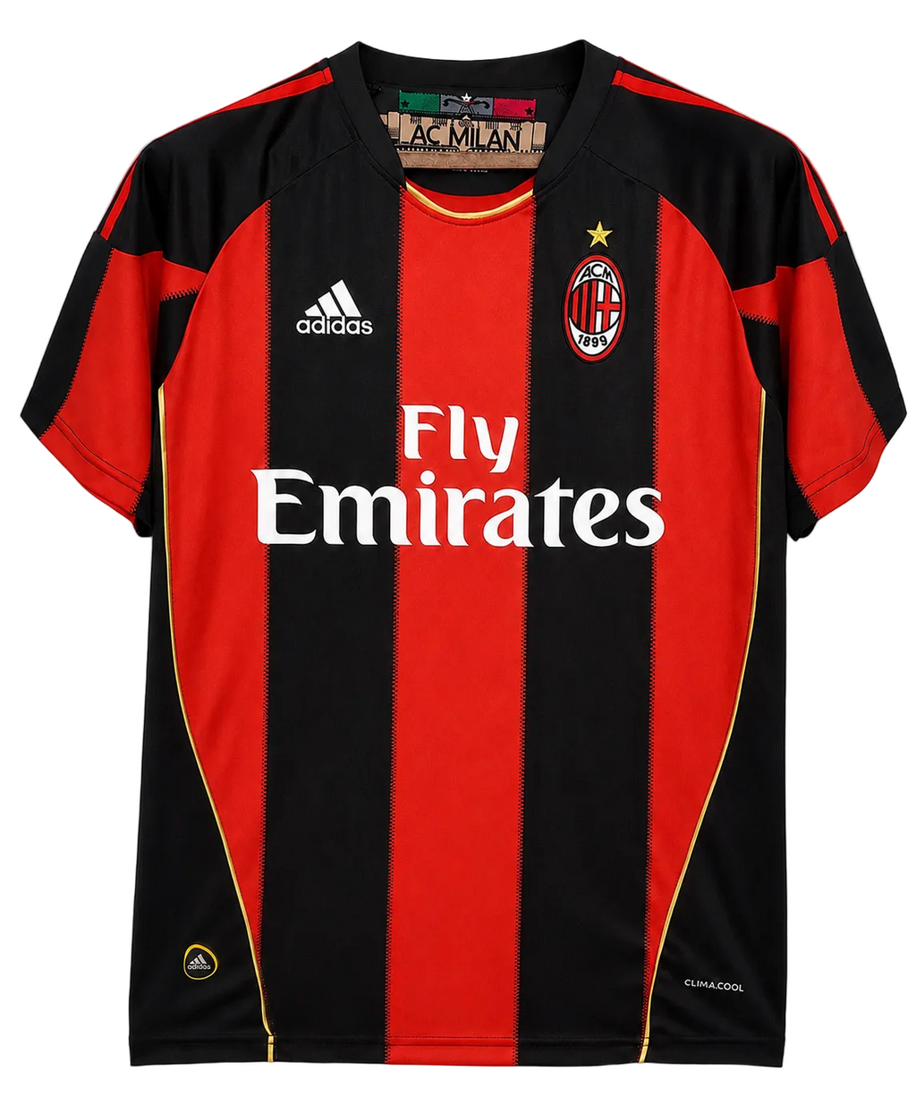 Black and red striped sports jersey with Adidas and AC Milan logos on a gray background