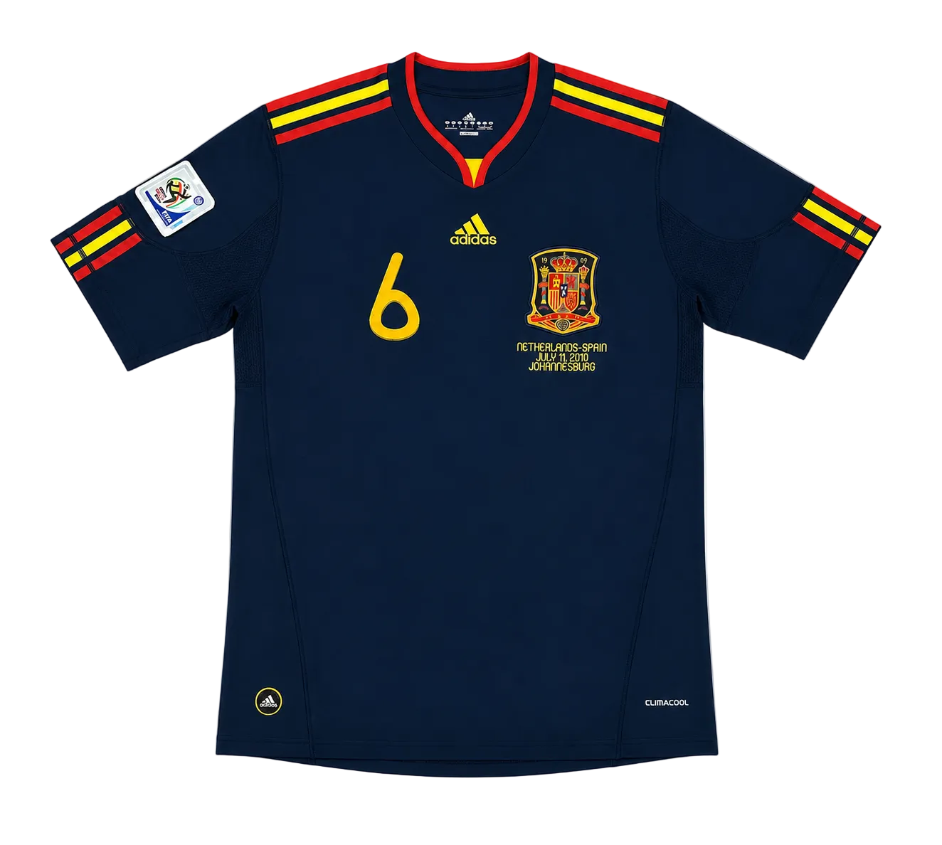 A navy blue Spain national football team jersey by Adidas, featuring the number 6 in yellow on the chest, the team crest, and red and yellow striped shoulder and sleeve details, shown against a plain white background.