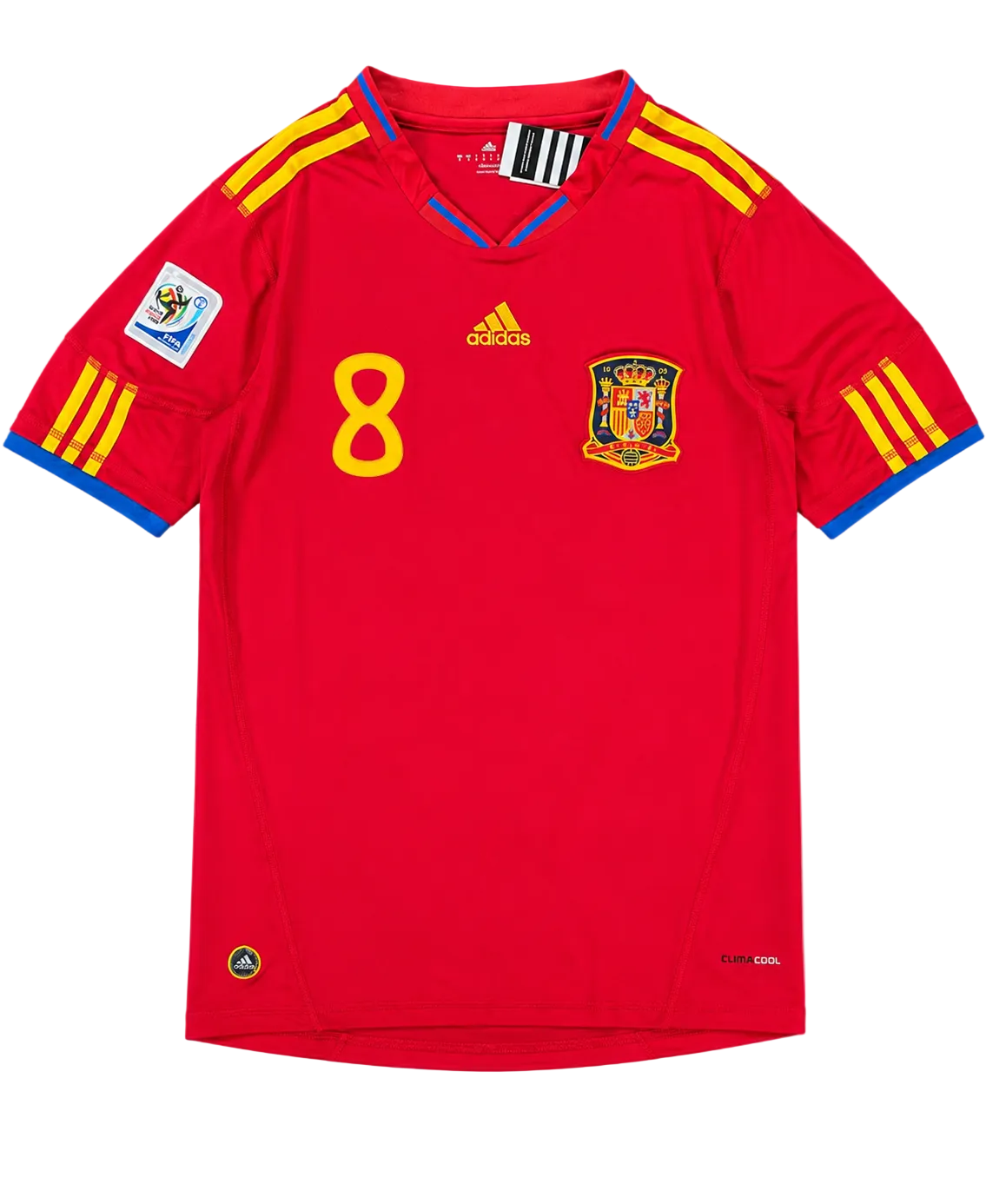 Red sports jersey with yellow accents and Adidas logo on a white background