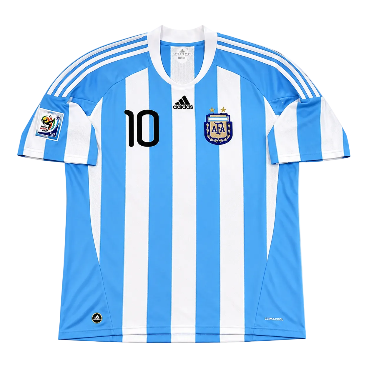 An Adidas Argentina national football team home jersey with light blue and white vertical stripes, featuring the number 10 on the chest, the AFA crest, and the Adidas logo.
