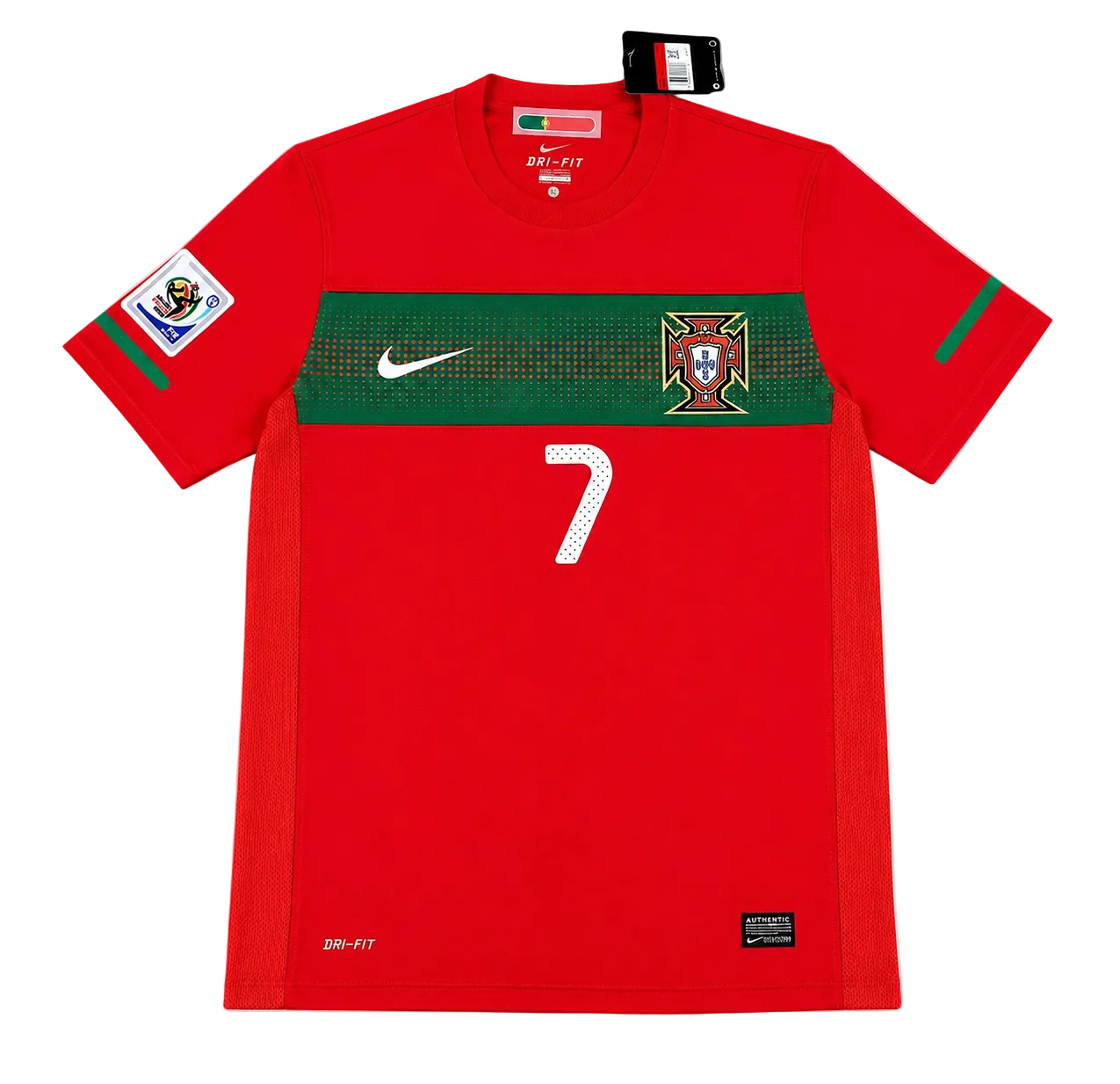 A red Portugal national football team jersey with a green chest band, featuring the white Nike swoosh, the Portuguese crest, and the number 7 in white.
