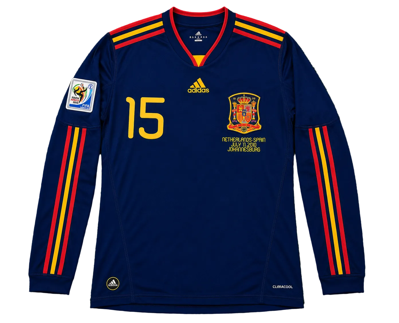 A long-sleeve Spain national football team jersey in navy blue, featuring yellow and red stripes on the shoulders and sleeves, the number 15 on the chest, and the Adidas logo.
