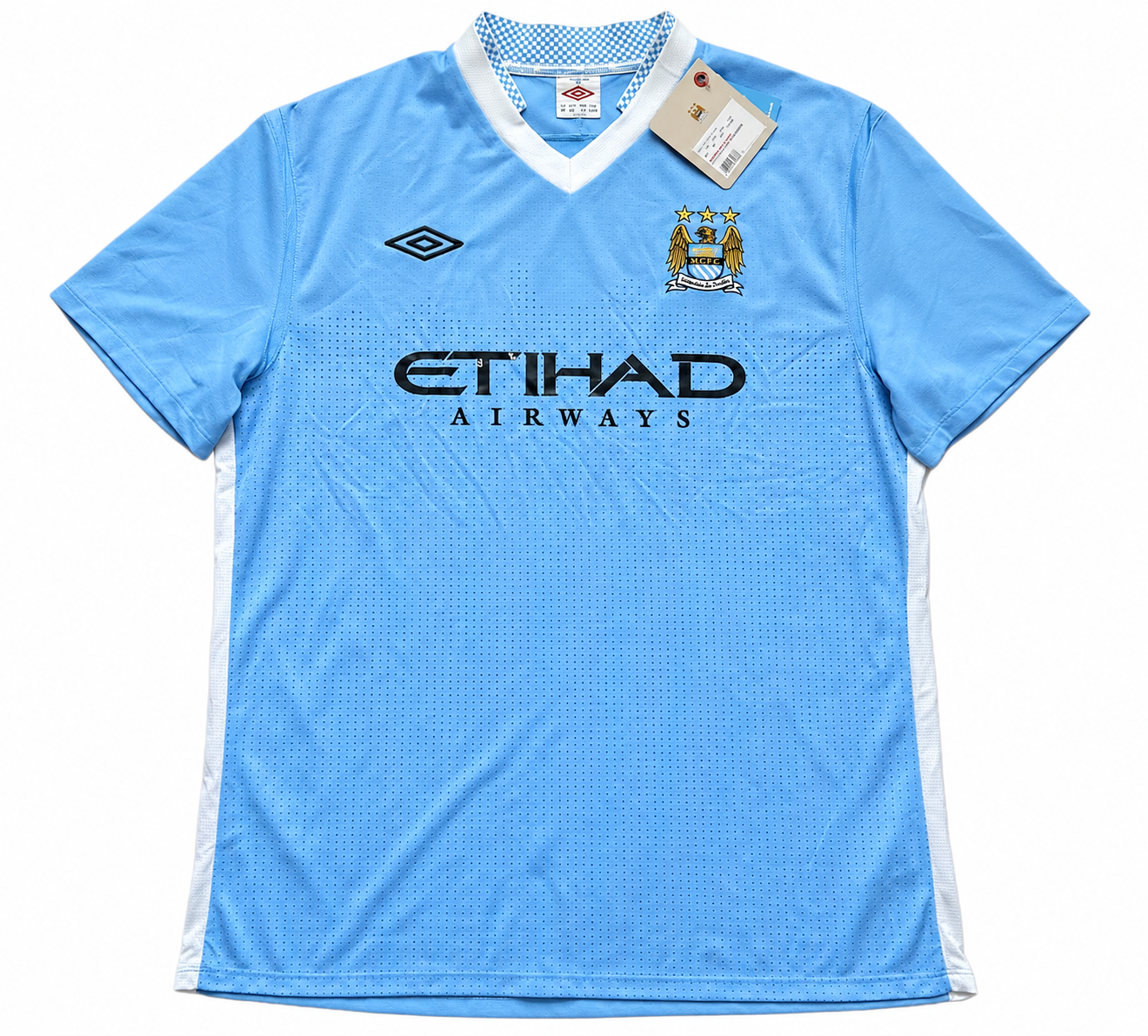 Light blue sports jersey with branding on a white background