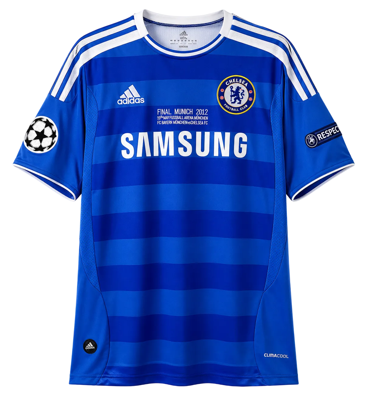 Blue sports jersey with Adidas and Samsung branding on a white background