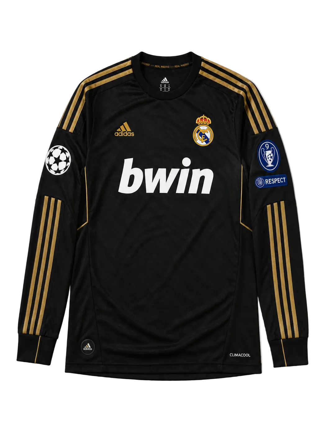 A black Real Madrid long-sleeve soccer jersey with gold stripes on the shoulders and sleeves, featuring the white bwin sponsor logo across the chest, the Adidas logo, and Champions League patches on the sleeves.