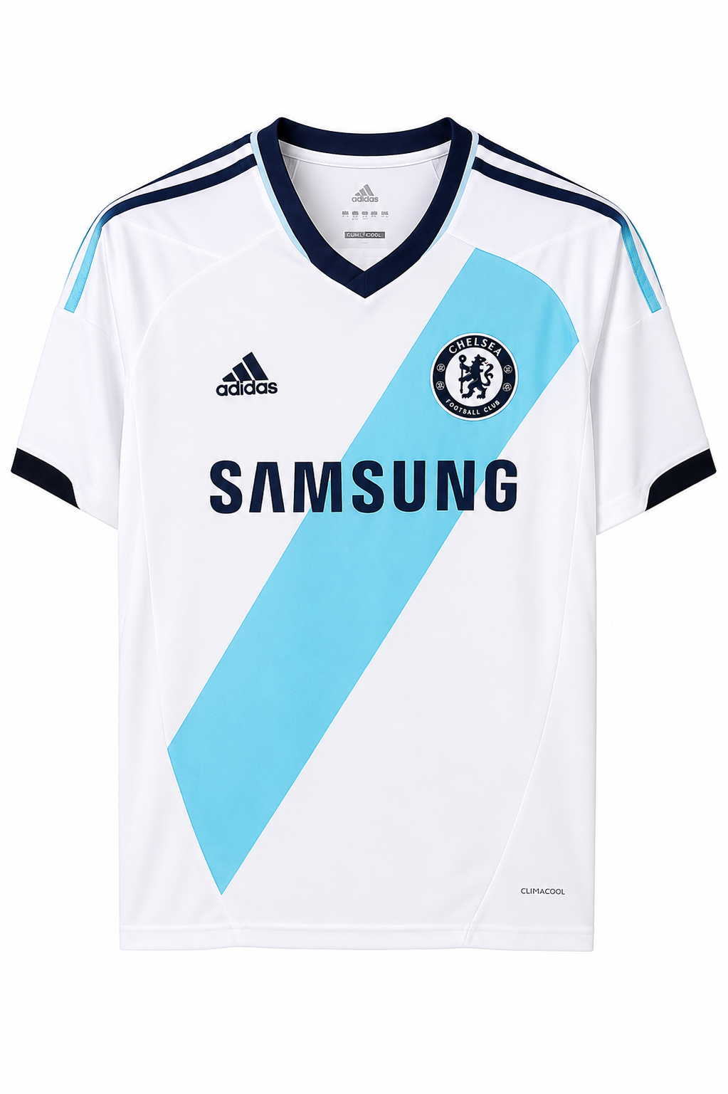 White sports jersey with blue accents and Adidas logo on a white background