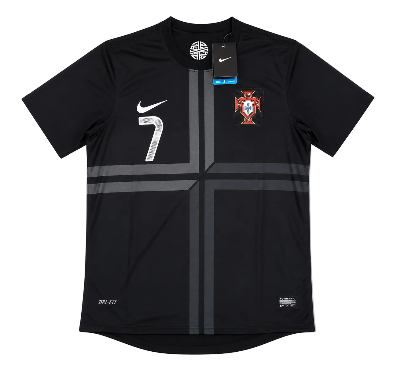 A black Nike Portugal soccer jersey with a gray cross design, featuring the number 7 on the right chest, the Portuguese national team crest on the left chest, and a Nike hangtag attached.
