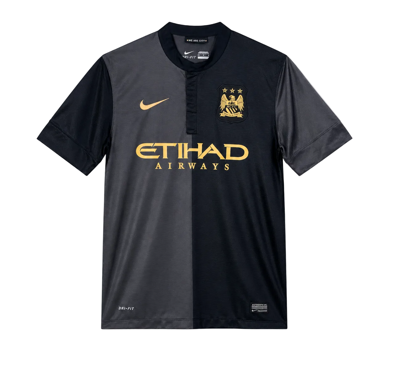 A Nike Manchester City home soccer jersey in a dark navy and charcoal gray color-blocked design, featuring gold logos for Nike, Etihad Airways, and the Manchester City crest.