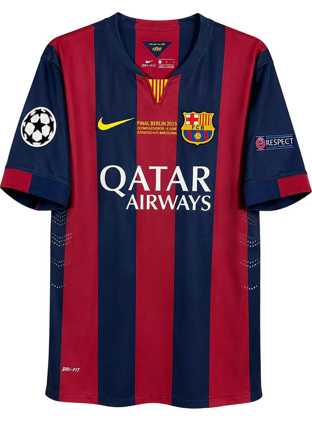 Barcelona football jersey with red and blue stripes, Nike logo, and Qatar Airways branding.