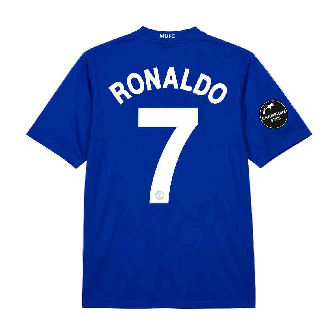 The back of a royal blue Manchester United soccer jersey featuring 'RONALDO' and the number '7' in white, with a black Champions League patch on the sleeve.