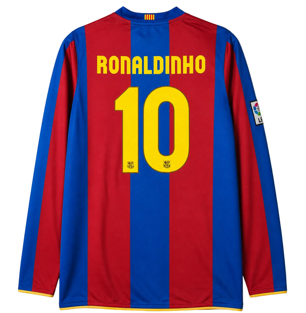 Soccer jersey with red and blue stripes, yellow number 10, and 'Ronaldinho' text on a gray background