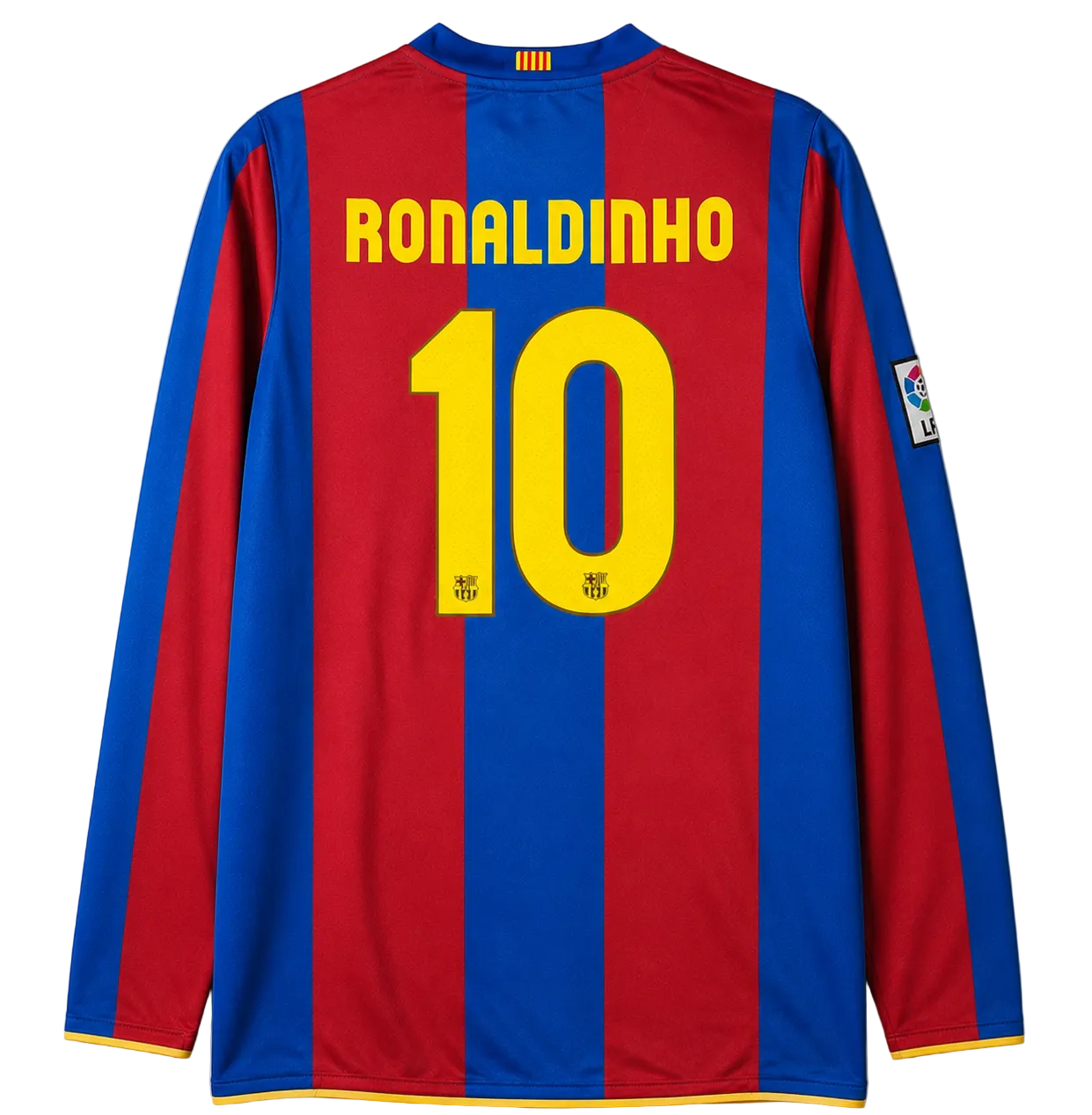 Soccer jersey with red and blue stripes, yellow number 10, and 'Ronaldinho' text on a gray background