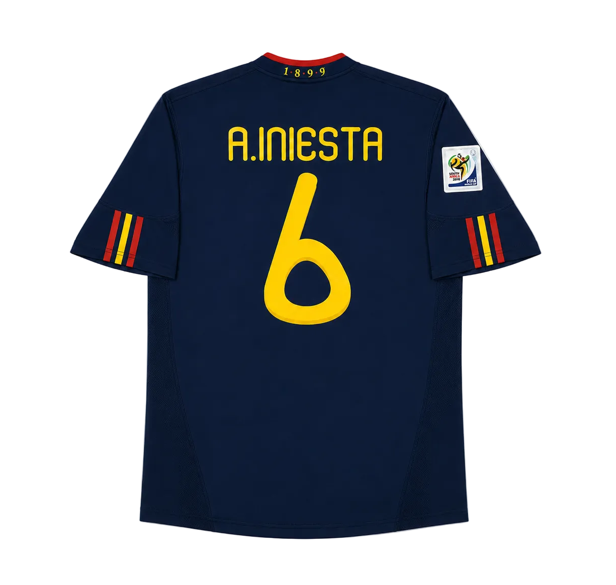 A dark navy blue soccer jersey shown from the back, featuring the name 'A. INIESTA' and the number '6' in yellow.