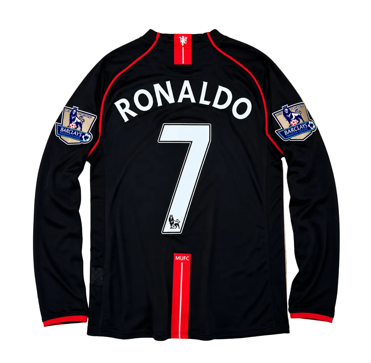 Black sports jersey with 'RONALDO 7' on a wooden surface