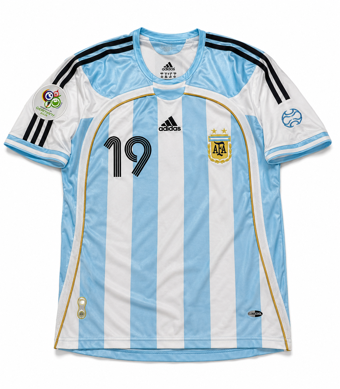 Argentina national football team home jersey by Adidas, featuring light blue and white vertical stripes, black shoulder stripes, the number 19 on the right chest, and the AFA crest on the left chest.