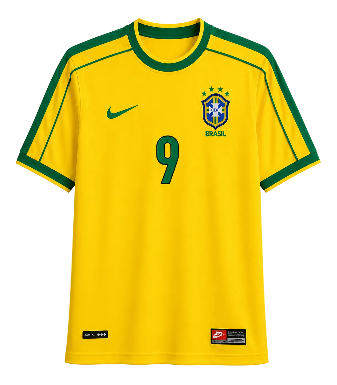 A yellow Brazil national team soccer jersey with green trim, featuring the Nike swoosh on the right chest, the CBF Brazil crest with four stars on the left chest, and the number 9 printed in green in the center.