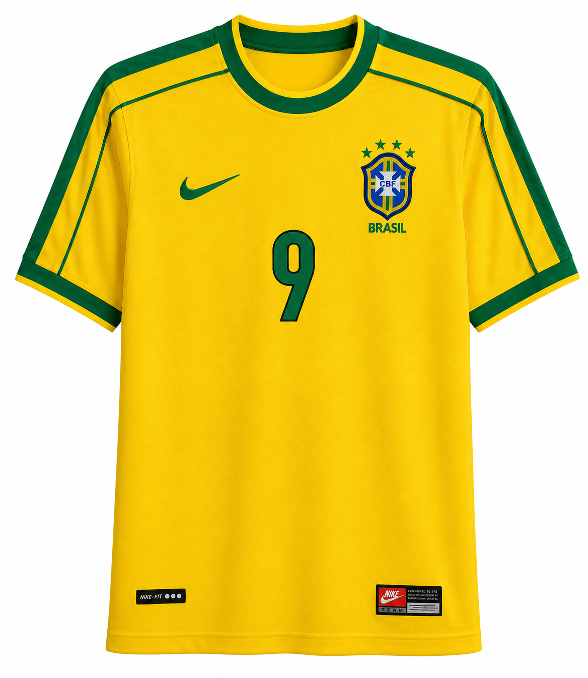 A yellow Brazil national team soccer jersey with green trim, featuring the Nike swoosh on the right chest, the CBF Brasil crest with four stars on the left chest, and the number 9 printed in green on the front.