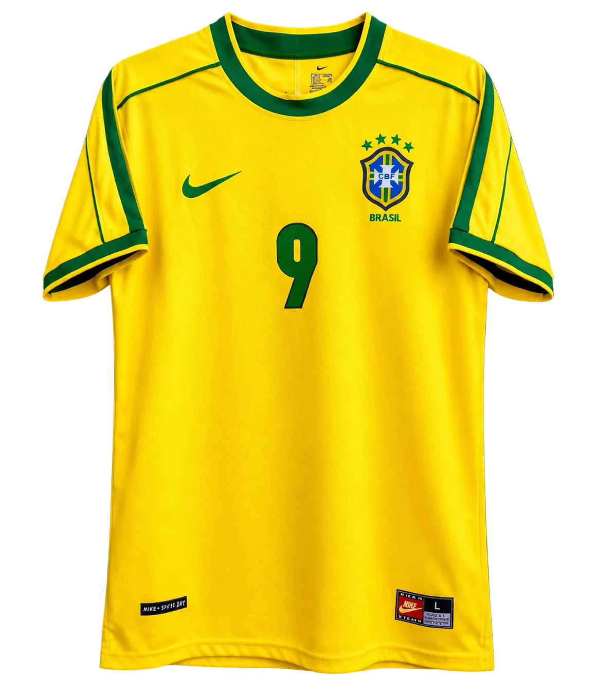 Yellow soccer jersey with green accents and number 9 on a dark background