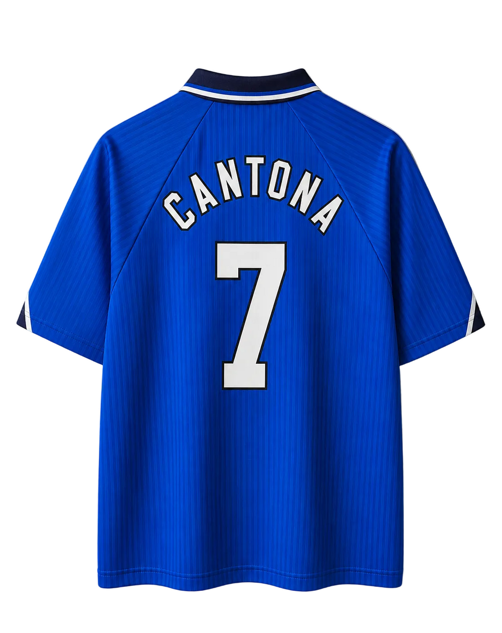 A royal blue short-sleeve soccer jersey shown from the back, featuring 'CANTONA' and the number '7' in white with black outlines. The jersey has a subtle vertical pinstripe pattern, a dark navy collar with white stripes, and white sleeve cuff accents, displayed against a textured light gray background.