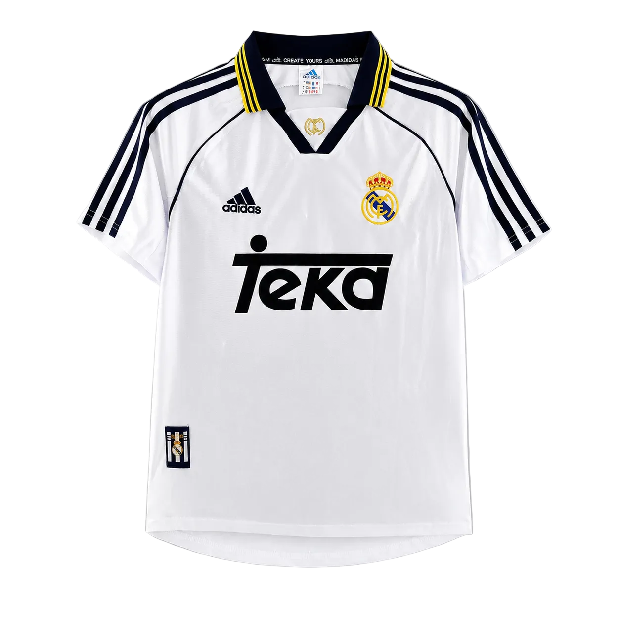 White sports jersey with black and yellow accents on a gray background